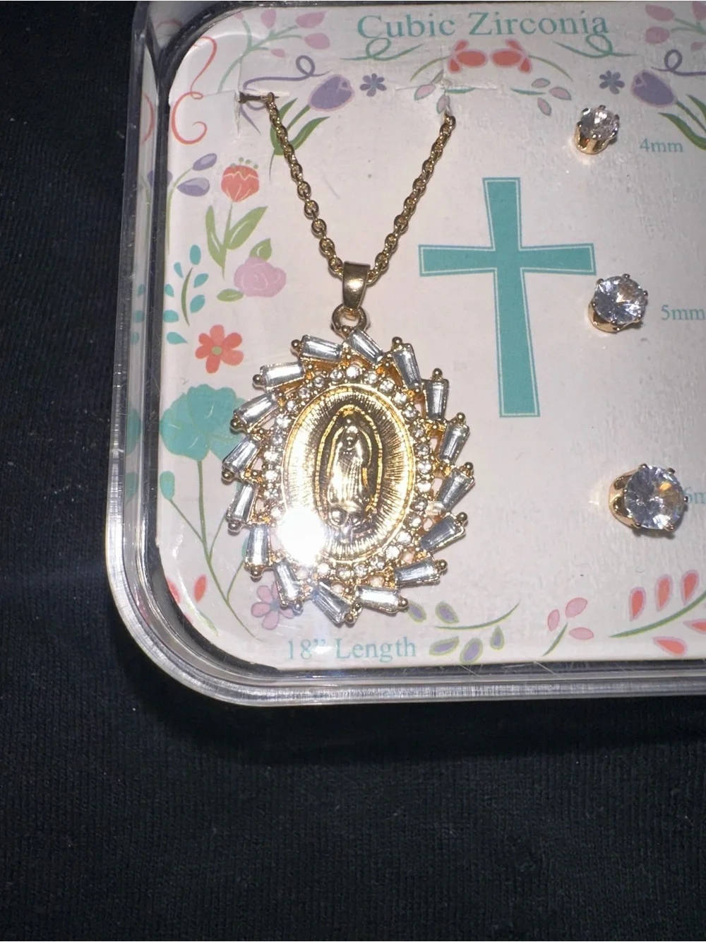 Virgin Mary Oval Pendant Necklace & CZ Stud Set — Gold Tone, 18